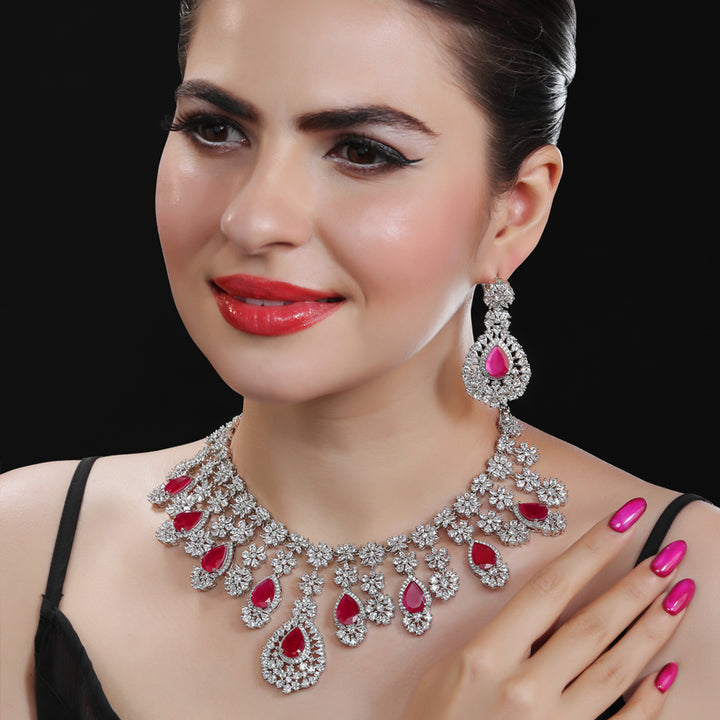 Rodium Plated Cubic Zirconia Necklace with Ruby Stone drops