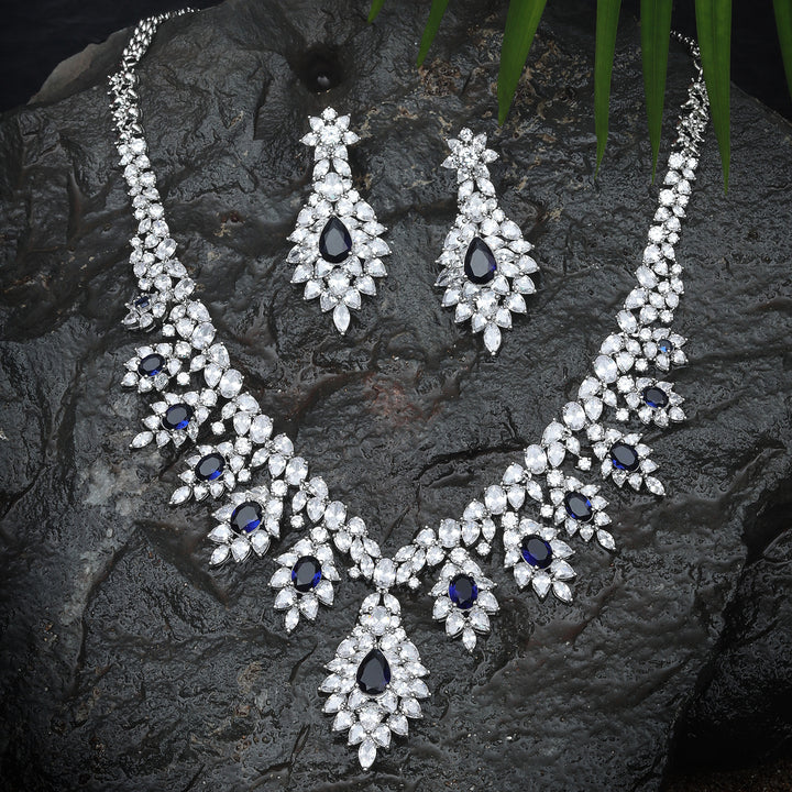 Rhodium Plated Cubic Zirconia V Shaped Blue Sapphire Necklace Set