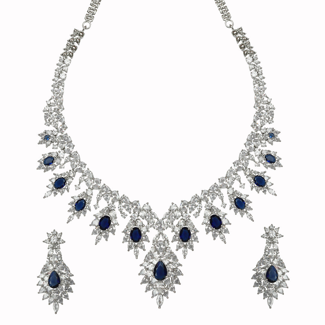 Rhodium Plated Cubic Zirconia V Shaped Blue Sapphire Necklace Set