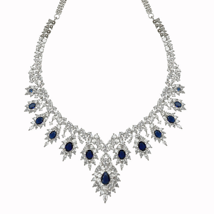 Rhodium Plated Cubic Zirconia V Shaped Blue Sapphire Necklace Set