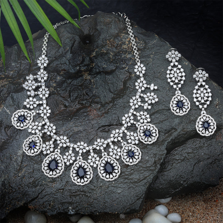 Rodium Plated Cubic Zirconia Drop Necklace Set with Blue Sapphire Stones