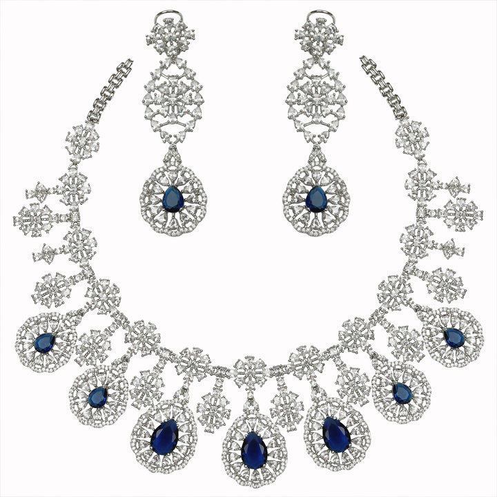 Rodium Plated Cubic Zirconia Drop Necklace Set with Blue Sapphire Stones