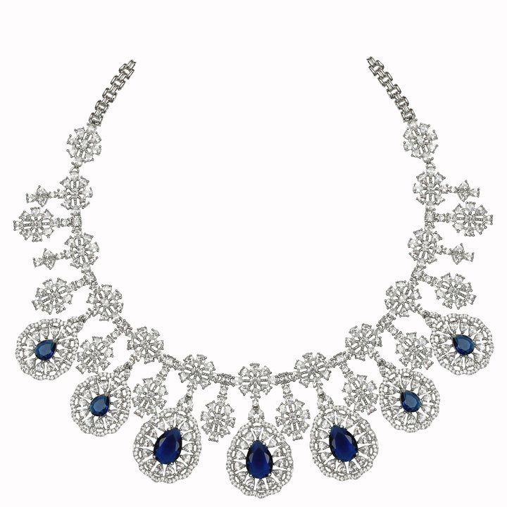 Rodium Plated Cubic Zirconia Drop Necklace Set with Blue Sapphire Stones