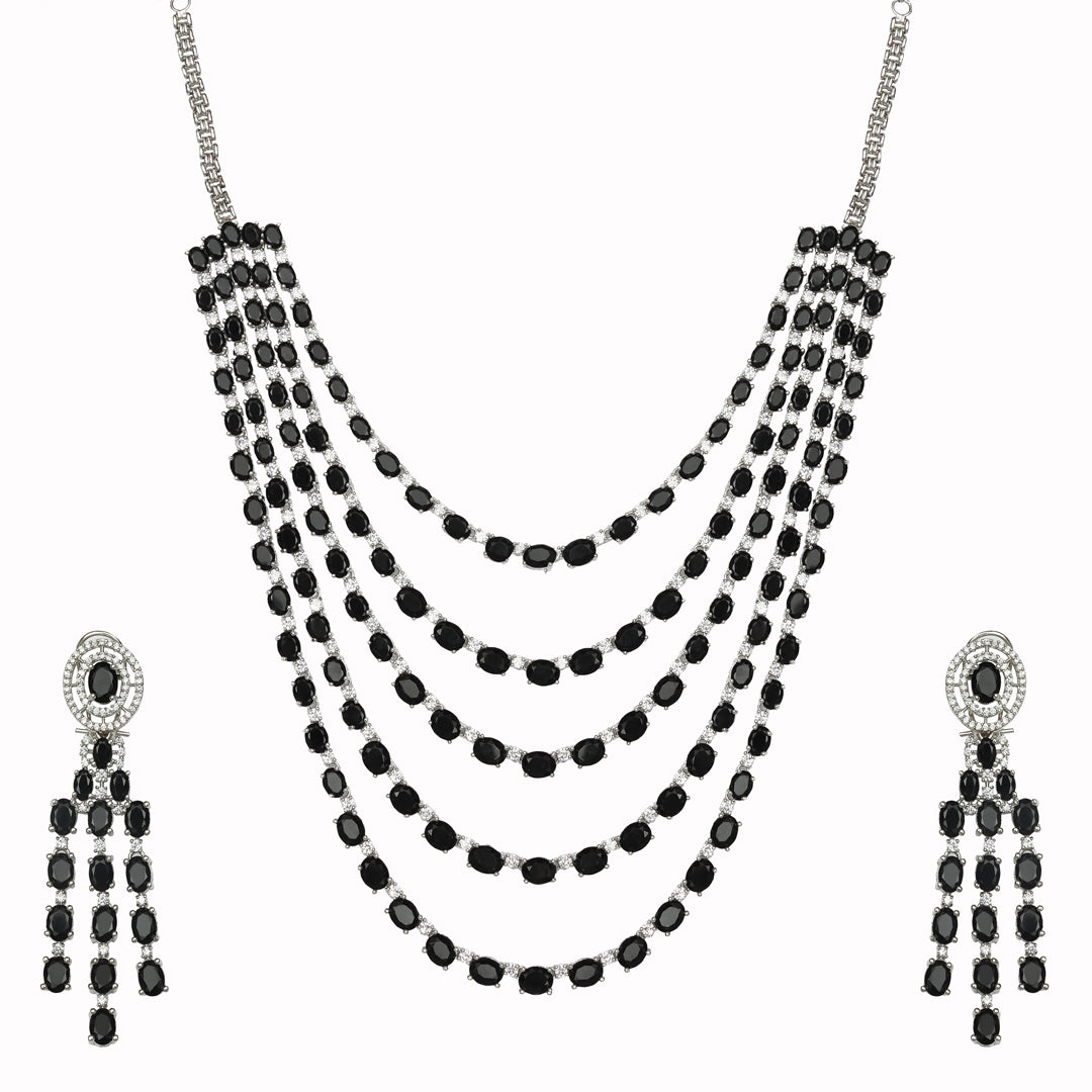 5-Tiered Rodium Plated Necklace Set with Cubic Zirconia & Black Onyx