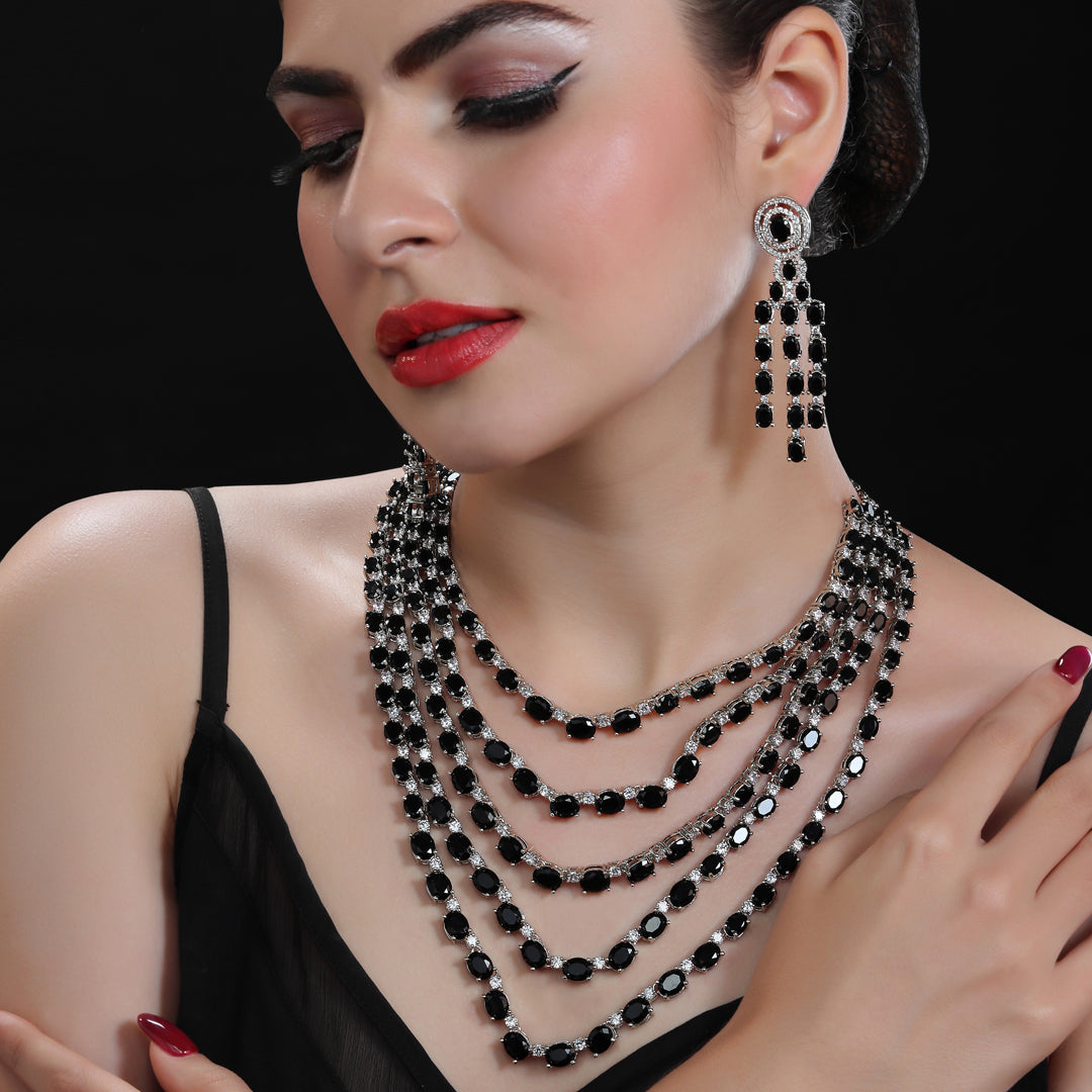 5-Tiered Rodium Plated Necklace Set with Cubic Zirconia & Black Onyx