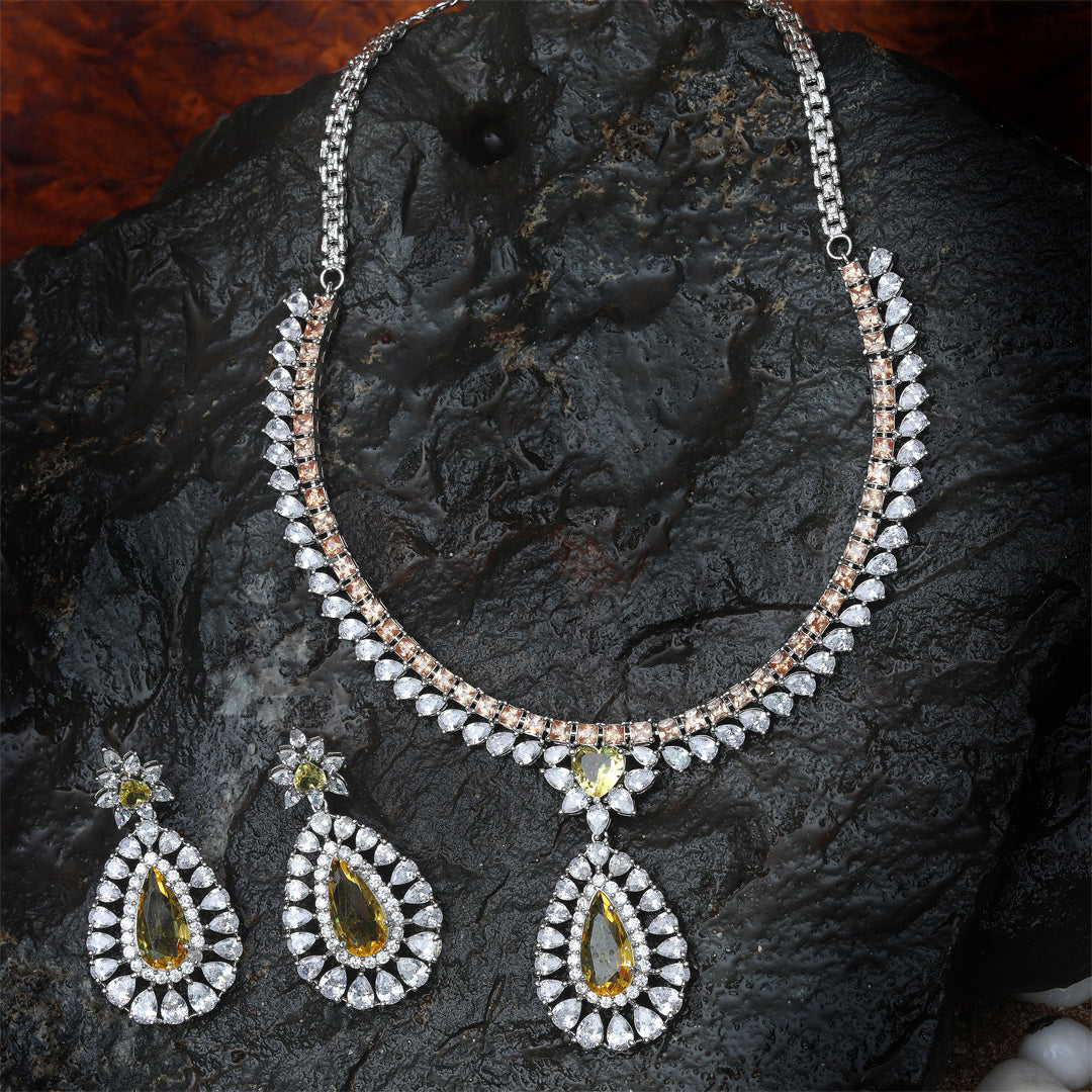 Rhodium Plated Yellow Citrine Dewdrop Necklace Set