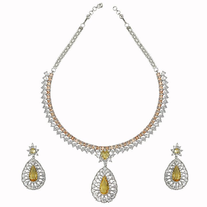 Rhodium Plated Yellow Citrine Dewdrop Necklace Set