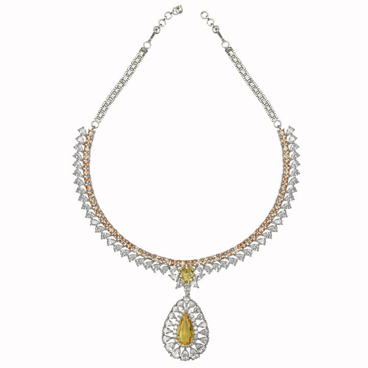 Rhodium Plated Yellow Citrine Dewdrop Necklace Set