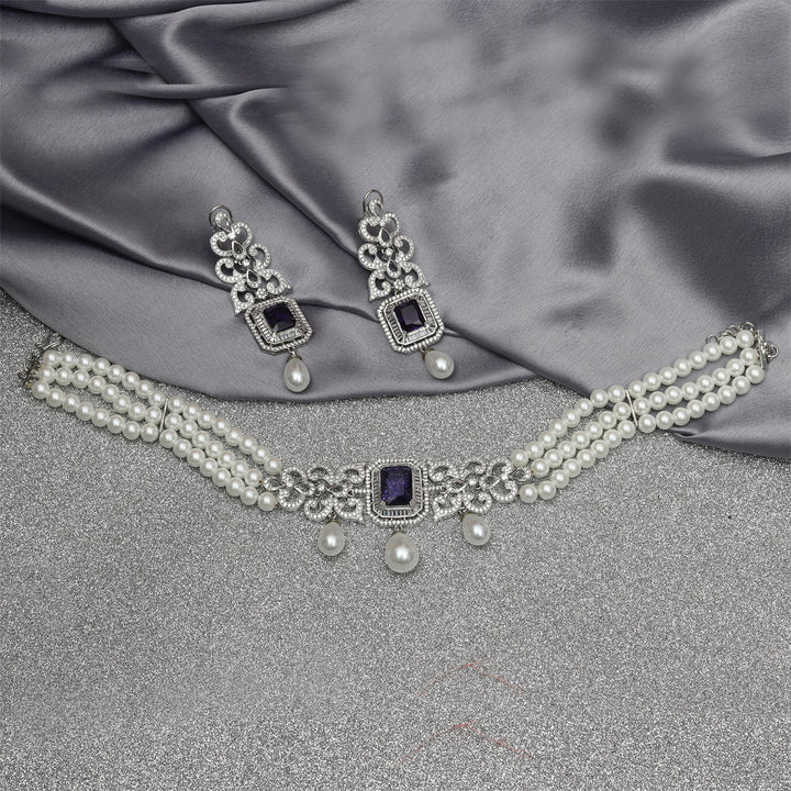 A 3 layered Pearl String Amethyst Stone Choker