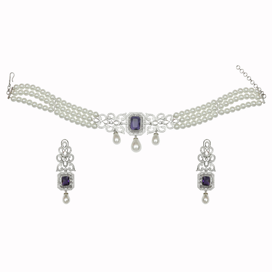 A 3 layered Pearl String Amethyst Stone Choker