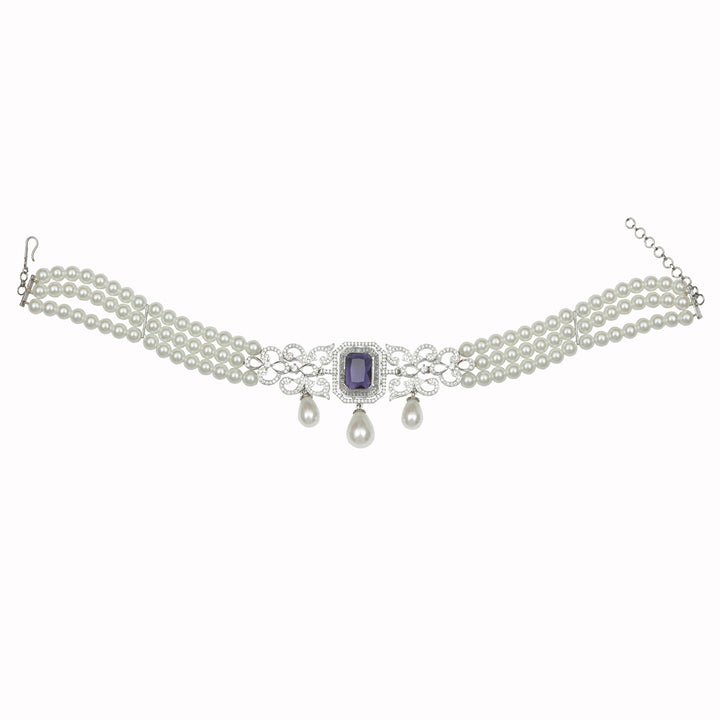 A 3 layered Pearl String Amethyst Stone Choker