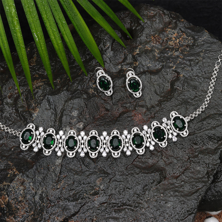 Rhodium Plated Cubic Zirconia Choker with Emerald Green Stones