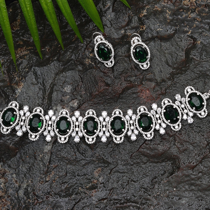 Rhodium Plated Cubic Zirconia Choker with Emerald Green Stones