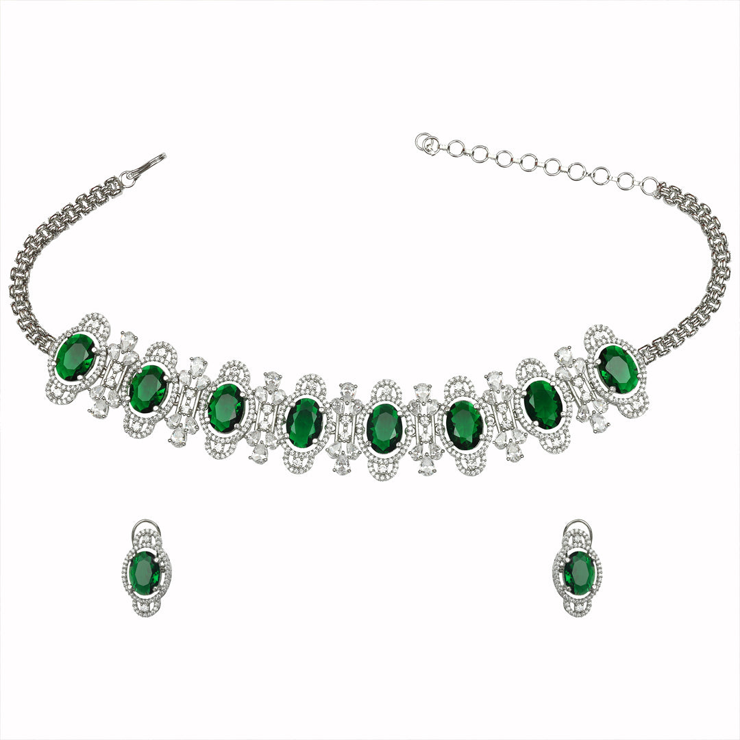 Rhodium Plated Cubic Zirconia Choker with Emerald Green Stones