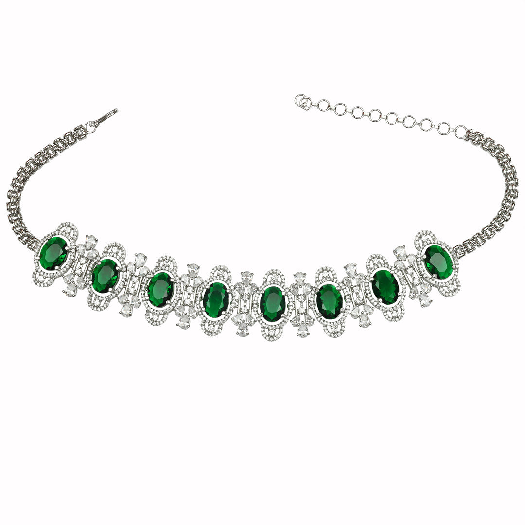 Rhodium Plated Cubic Zirconia Choker with Emerald Green Stones