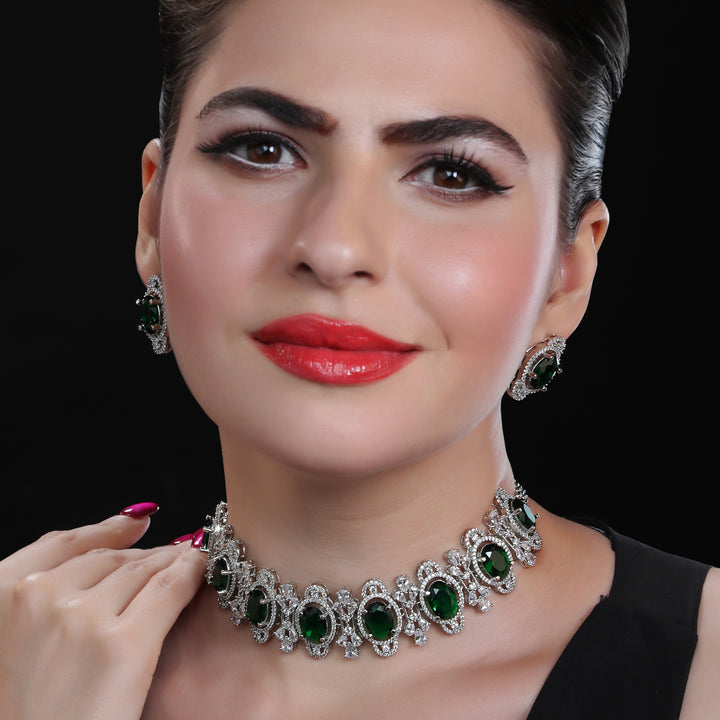 Rhodium Plated Cubic Zirconia Choker with Emerald Green Stones