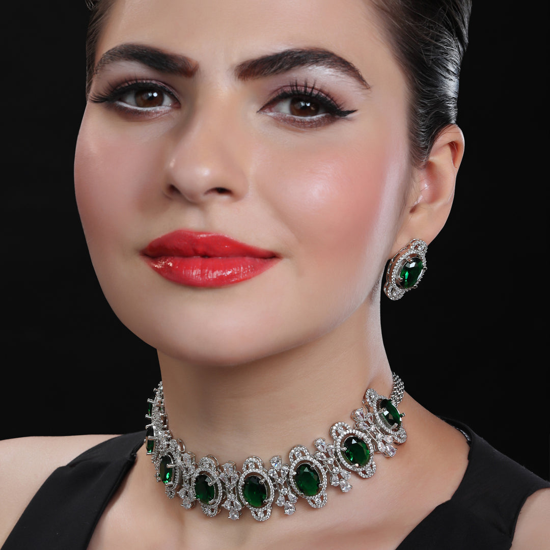 Rhodium Plated Cubic Zirconia Choker with Emerald Green Stones