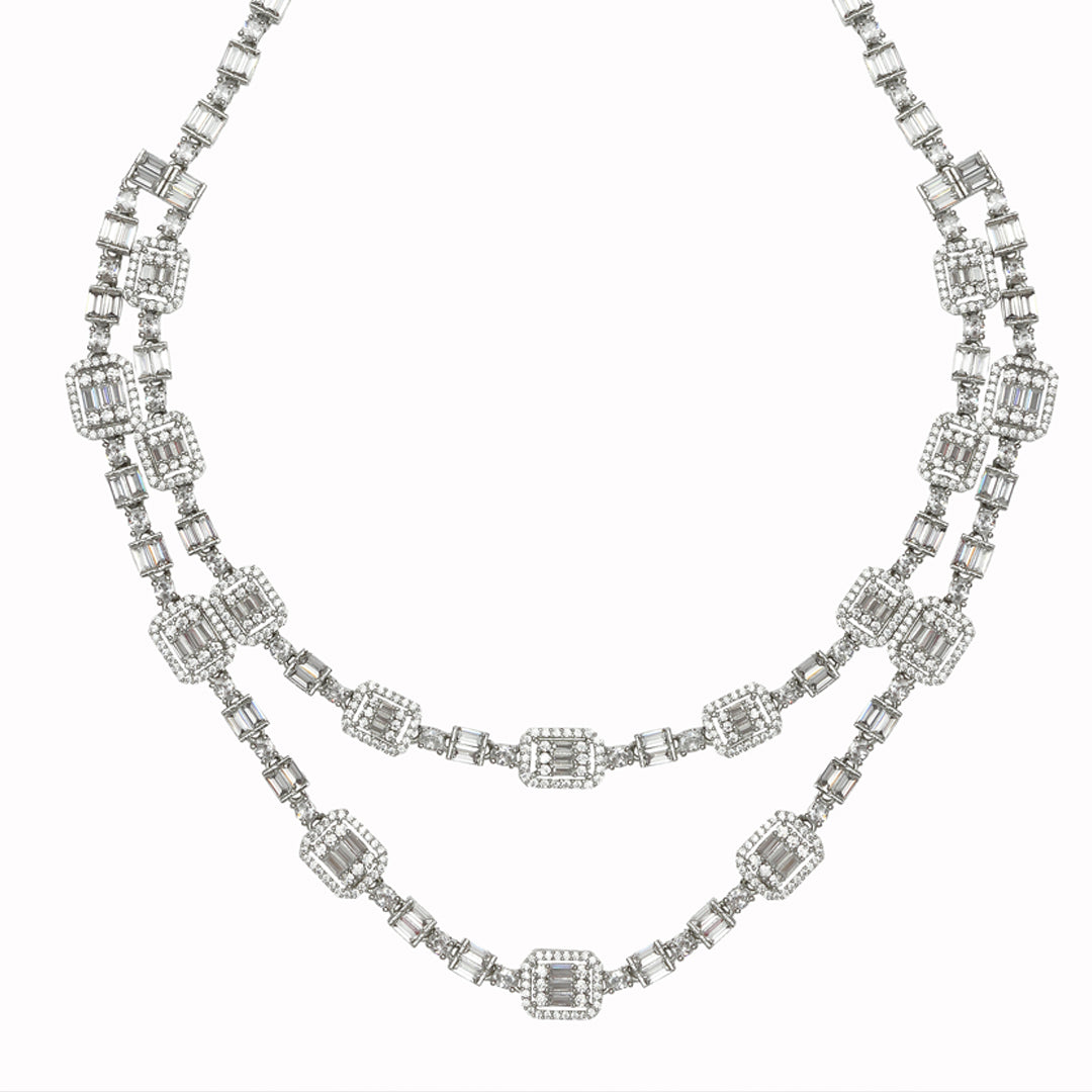 Rodium Plated 2-Tier Necklace Set with Cubic Zirconia Baguettes