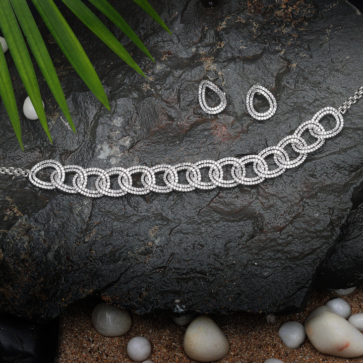 Intricate Interlinked Rhodium Plated Cubic Zirconia Choker Set