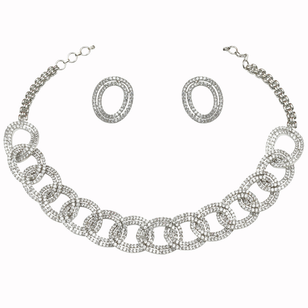 Intricate Interlinked Rhodium Plated Cubic Zirconia Choker Set