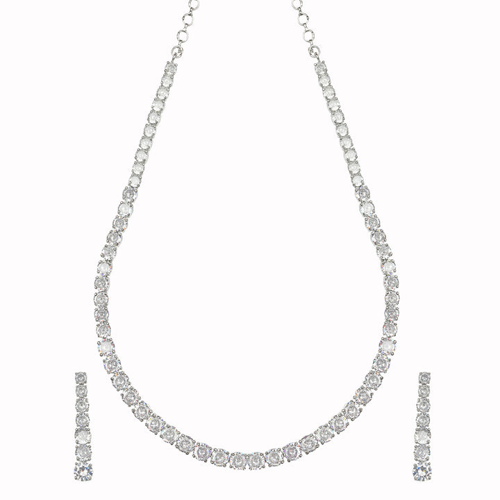 Rhodium Plated Round Cut Cubic Zirconia String Necklace Set