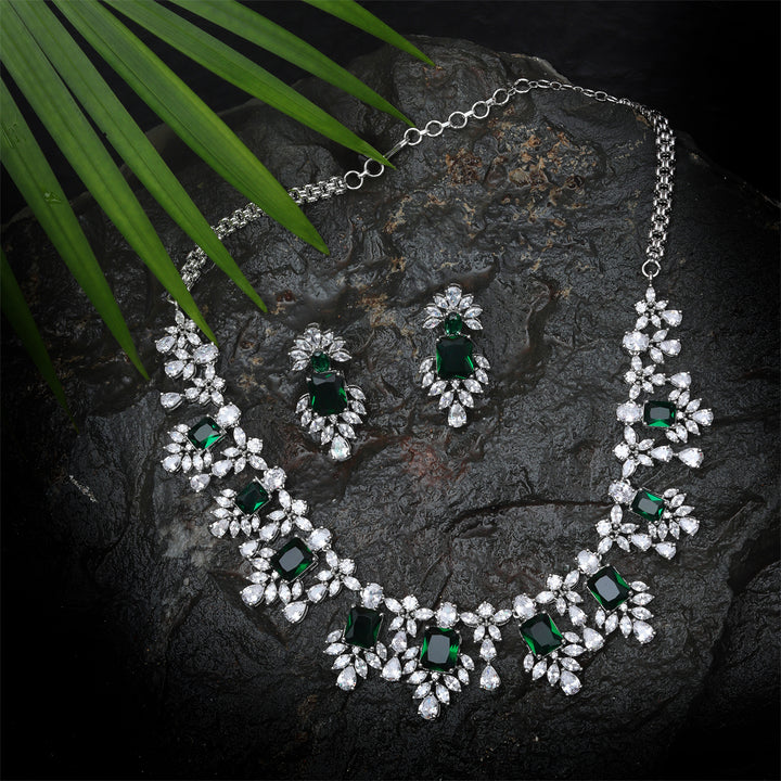 Rodium Plated Cubic Zirconia Necklace Set in  with Emerald Green Stones