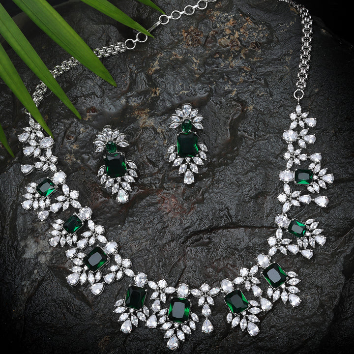 Rodium Plated Cubic Zirconia Necklace Set in  with Emerald Green Stones