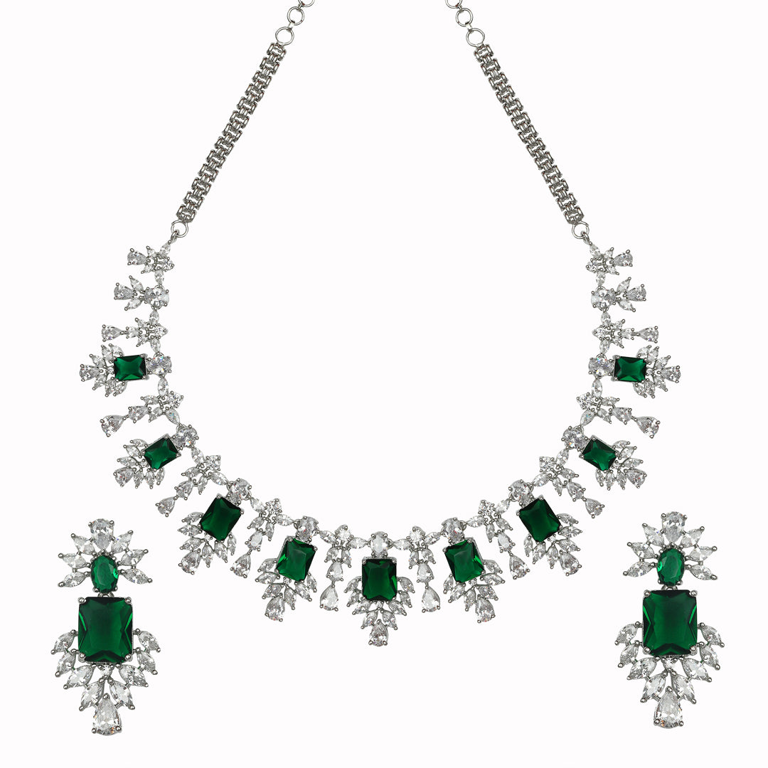 Rodium Plated Cubic Zirconia Necklace Set in  with Emerald Green Stones