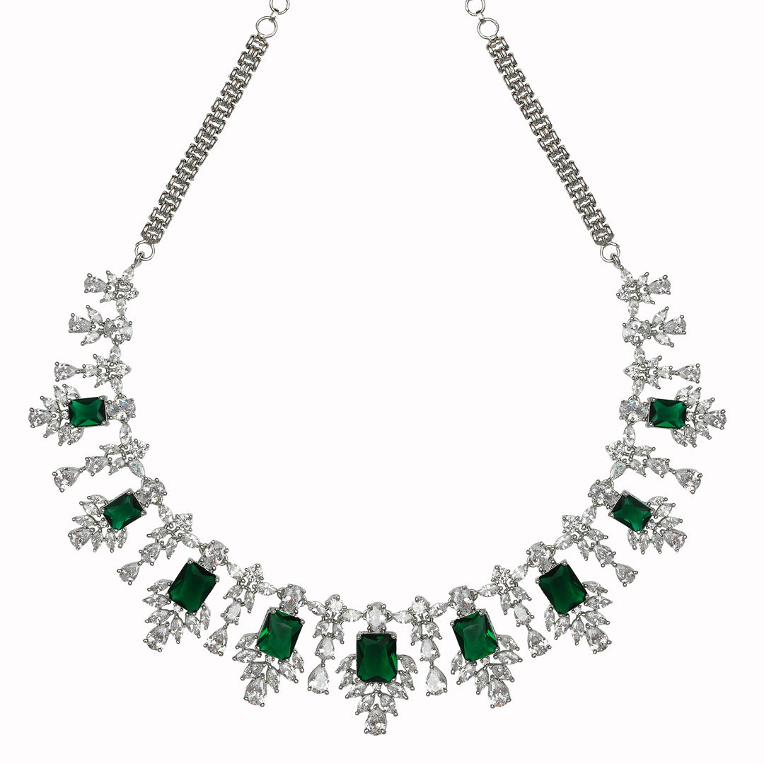 Rodium Plated Cubic Zirconia Necklace Set in  with Emerald Green Stones