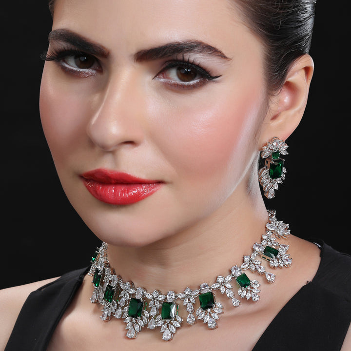 Rodium Plated Cubic Zirconia Necklace Set in  with Emerald Green Stones