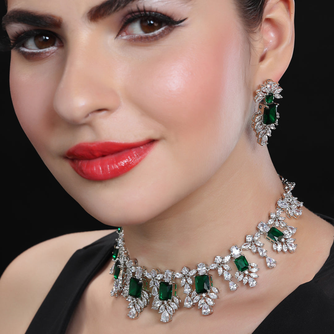 Rodium Plated Cubic Zirconia Necklace Set in  with Emerald Green Stones