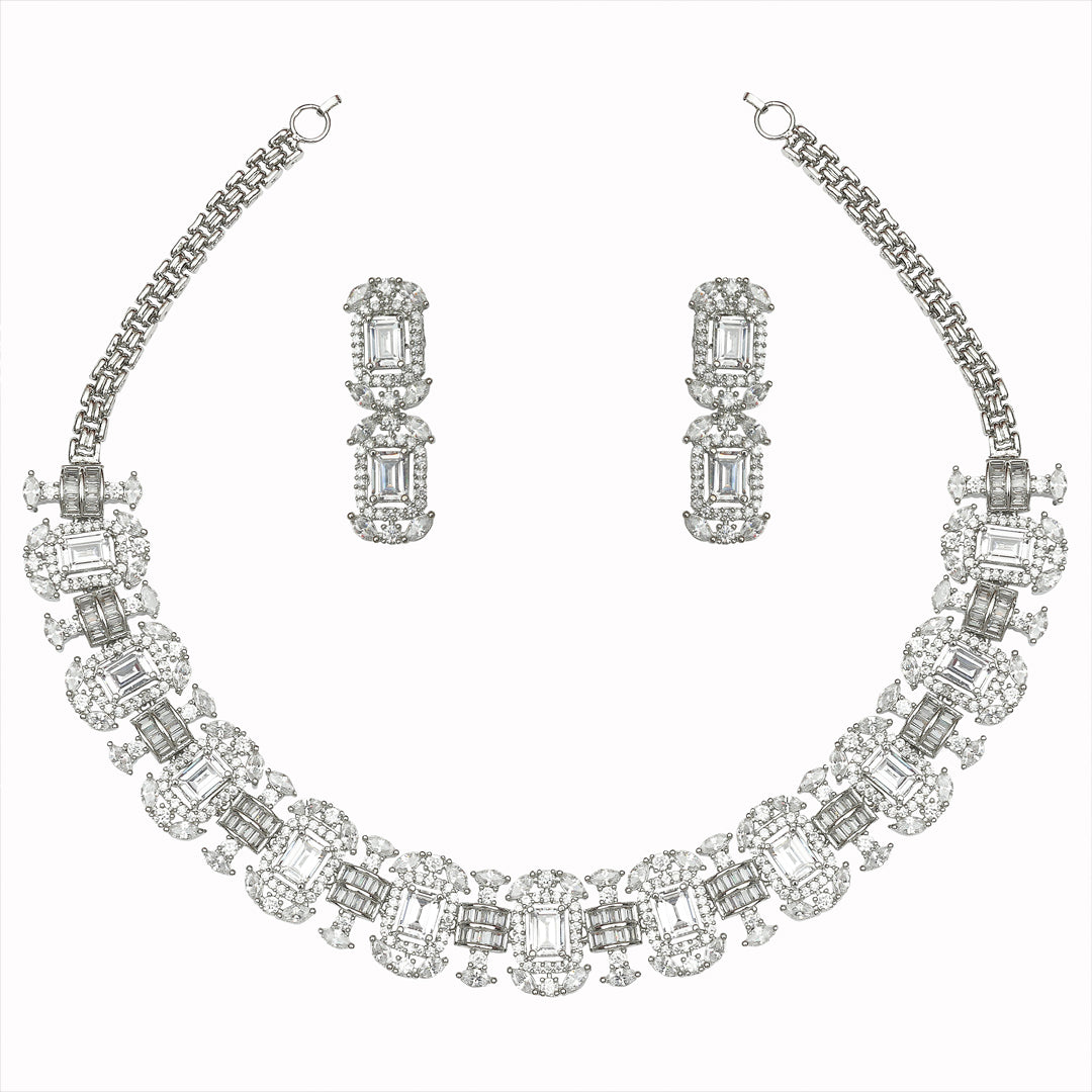 Rhodium Plated Cubic Zirconia Baguette Choker Set