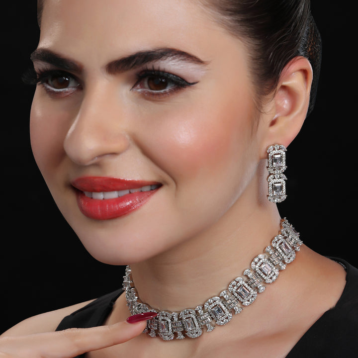 Rhodium Plated Cubic Zirconia Baguette Choker Set