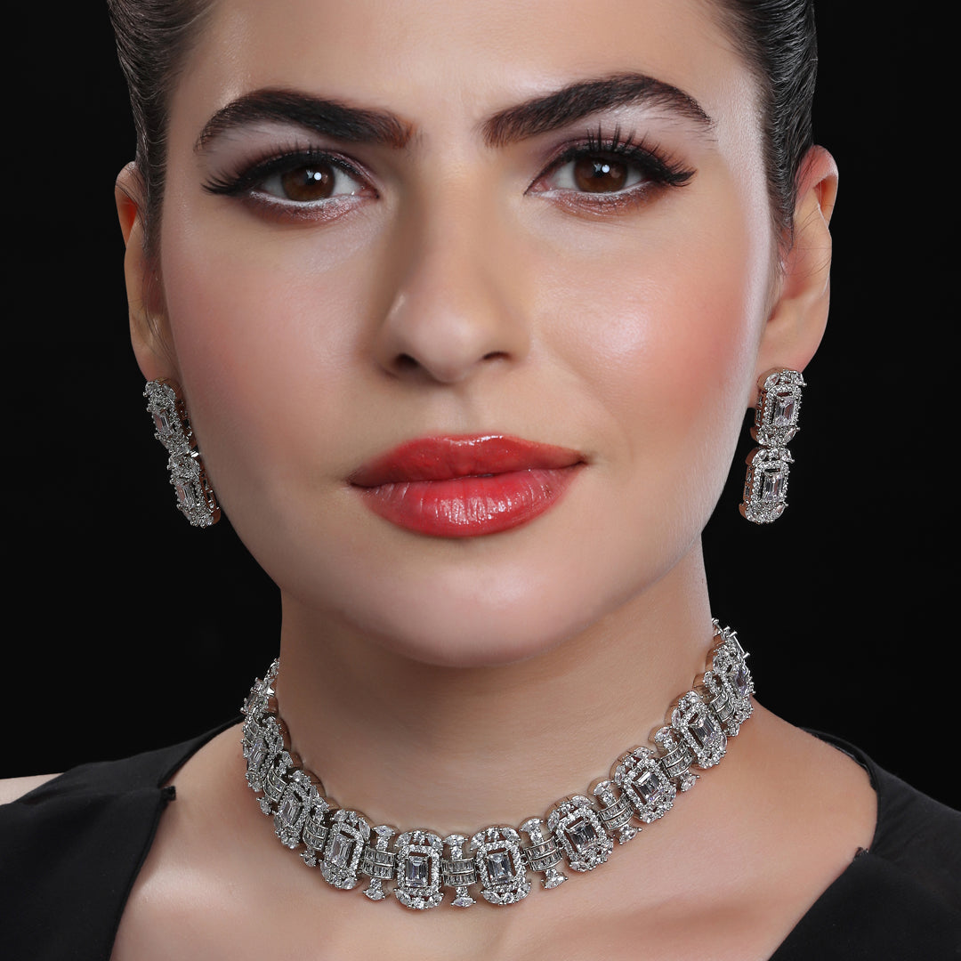 Rhodium Plated Cubic Zirconia Baguette Choker Set