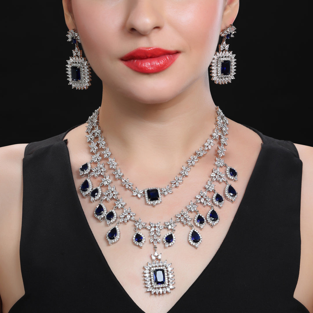 2-Teired Cubic Zirconia Necklace Set with Blue Sapphire Drops