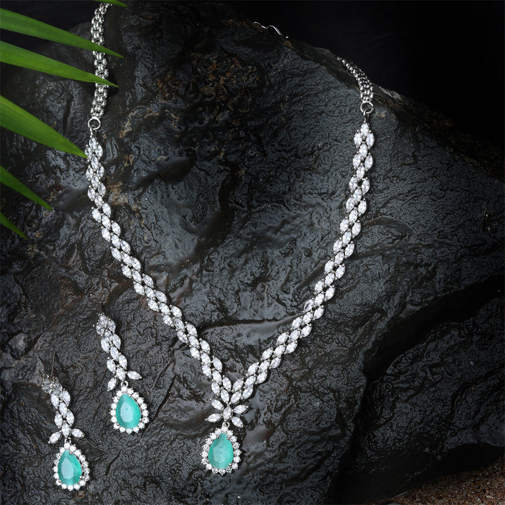 Rhodium Plated Delicate Cubic Zirconia Necklace Set with Soft Mint Stone Pendant.