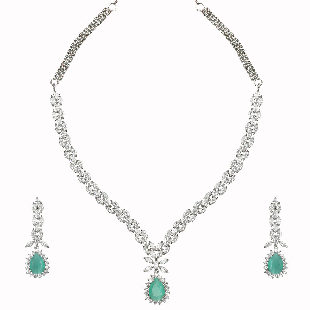 Rhodium Plated Delicate Cubic Zirconia Necklace Set with Soft Mint Stone Pendant.