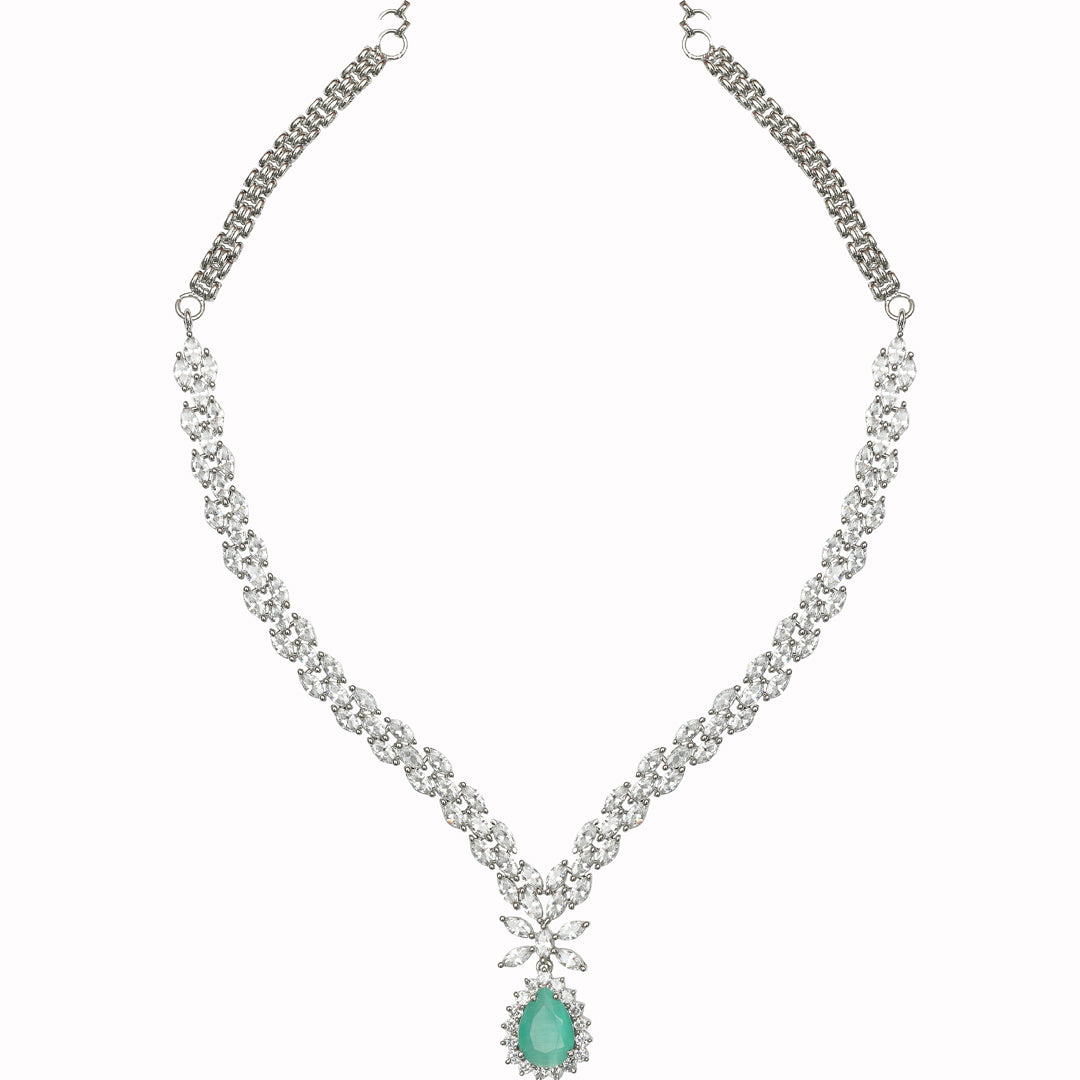 Rhodium Plated Delicate Cubic Zirconia Necklace Set with Soft Mint Stone Pendant.