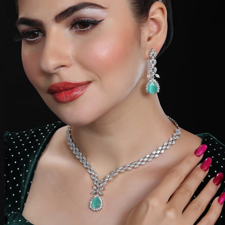 Rhodium Plated Delicate Cubic Zirconia Necklace Set with Soft Mint Stone Pendant.