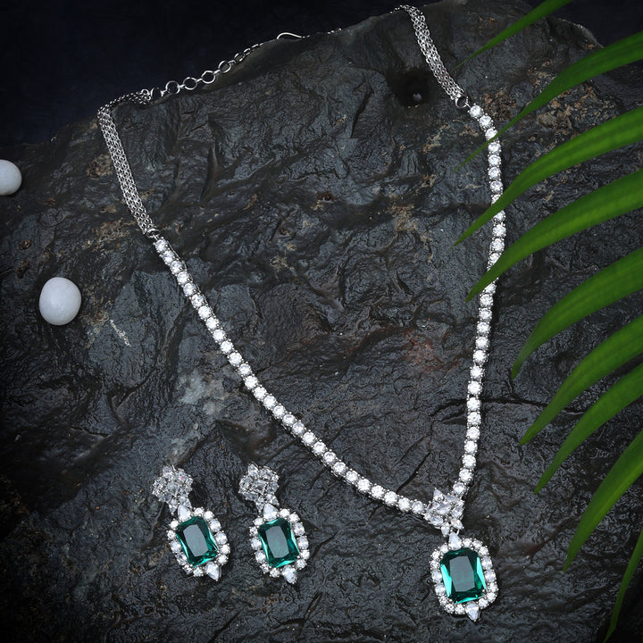 Rodium Plated Drop Necklace Set with Cubic Zirconia and Emerald Green Stone