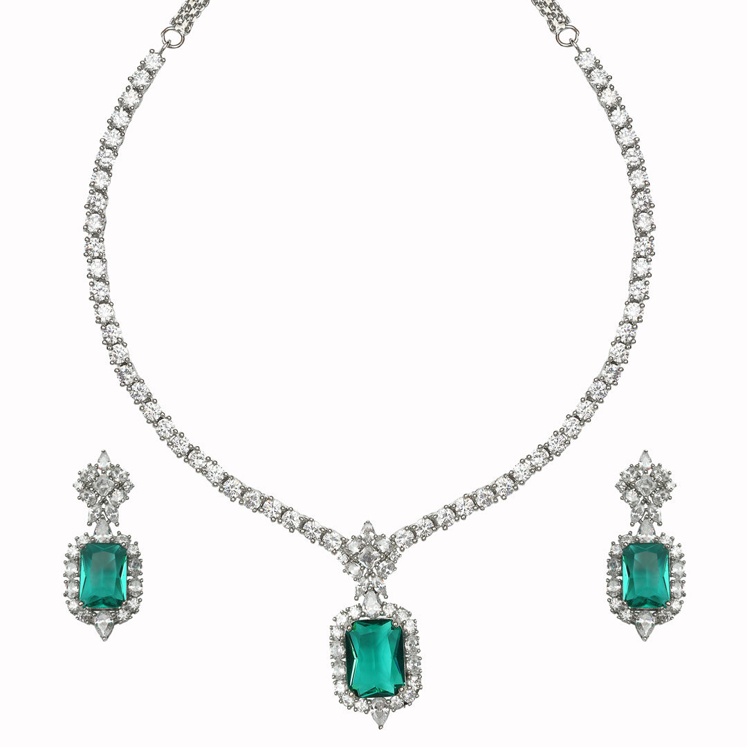 Rodium Plated Drop Necklace Set with Cubic Zirconia and Emerald Green Stone