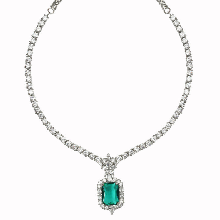 Rodium Plated Drop Necklace Set with Cubic Zirconia and Emerald Green Stone