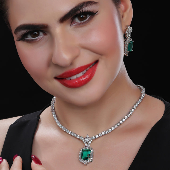 Rodium Plated Drop Necklace Set with Cubic Zirconia and Emerald Green Stone