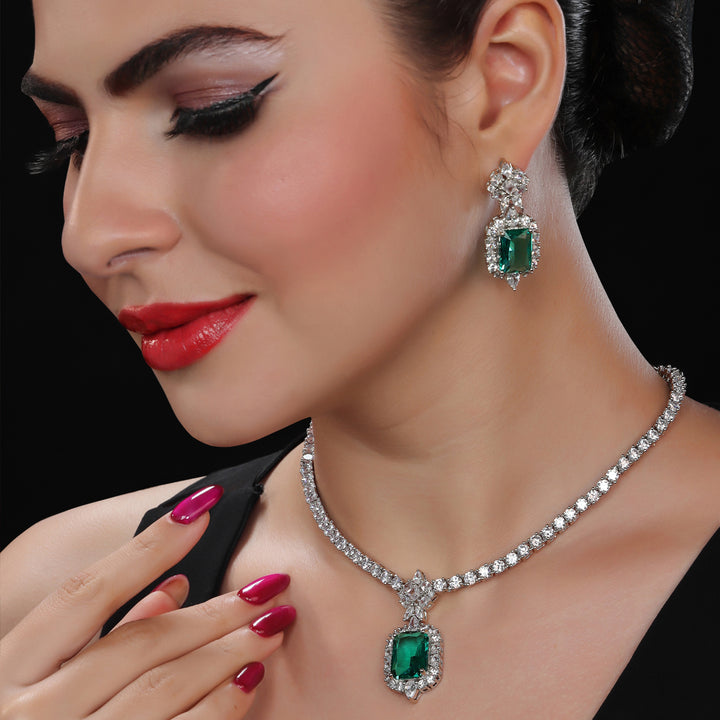 Rodium Plated Drop Necklace Set with Cubic Zirconia and Emerald Green Stone