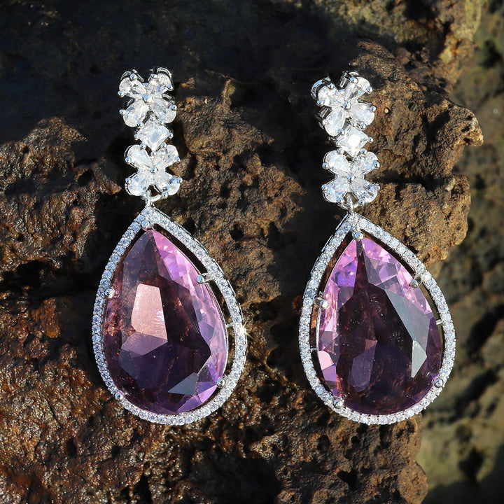 Pink Dewdrop Shaped Stone with Cubic Zirconia Danglers