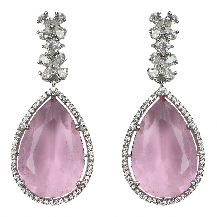 Pink Dewdrop Shaped Stone with Cubic Zirconia Danglers